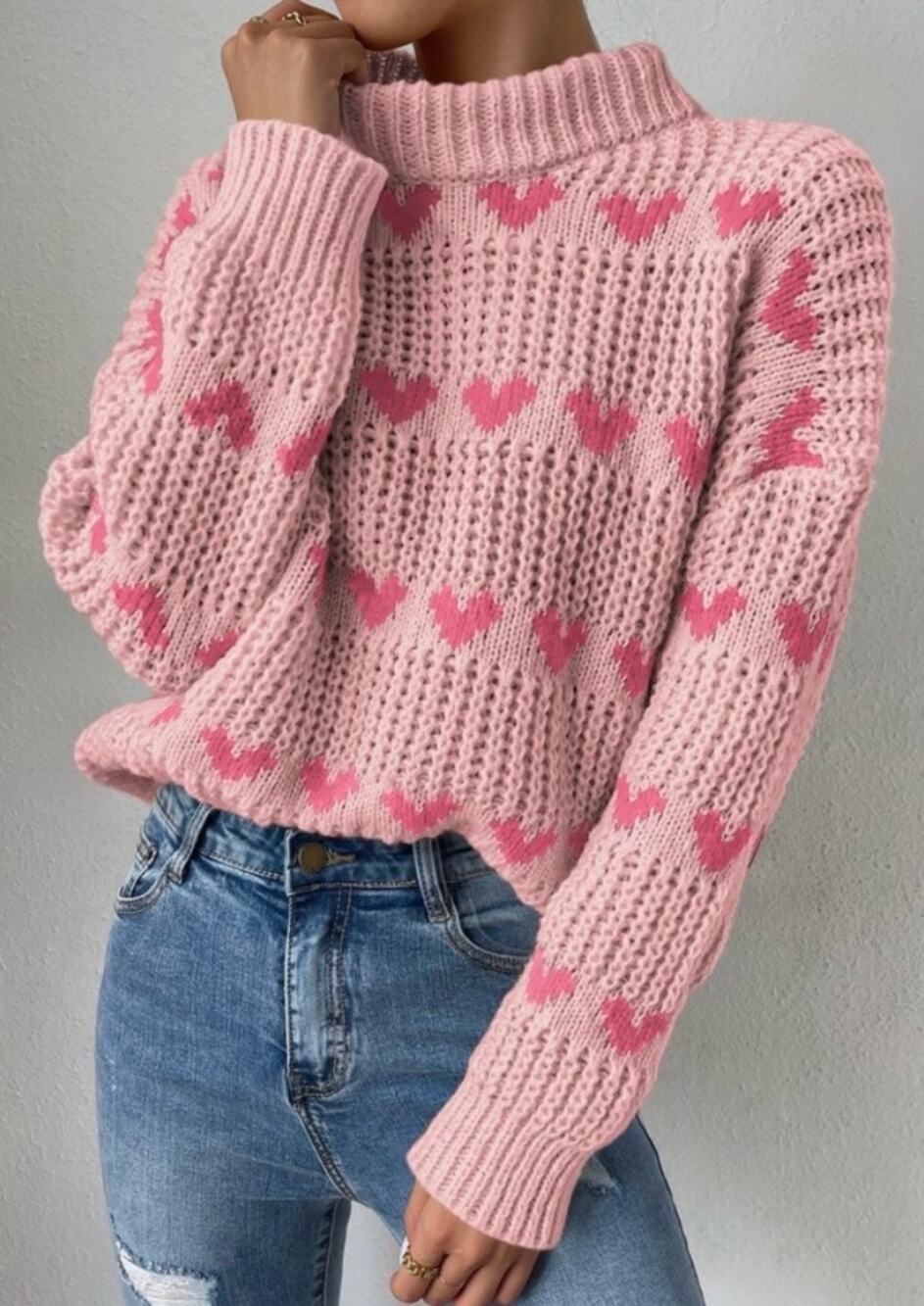 Women's Pink Heart Mock Neck Sweater Large Girlhoodcore Coquette Kawaii